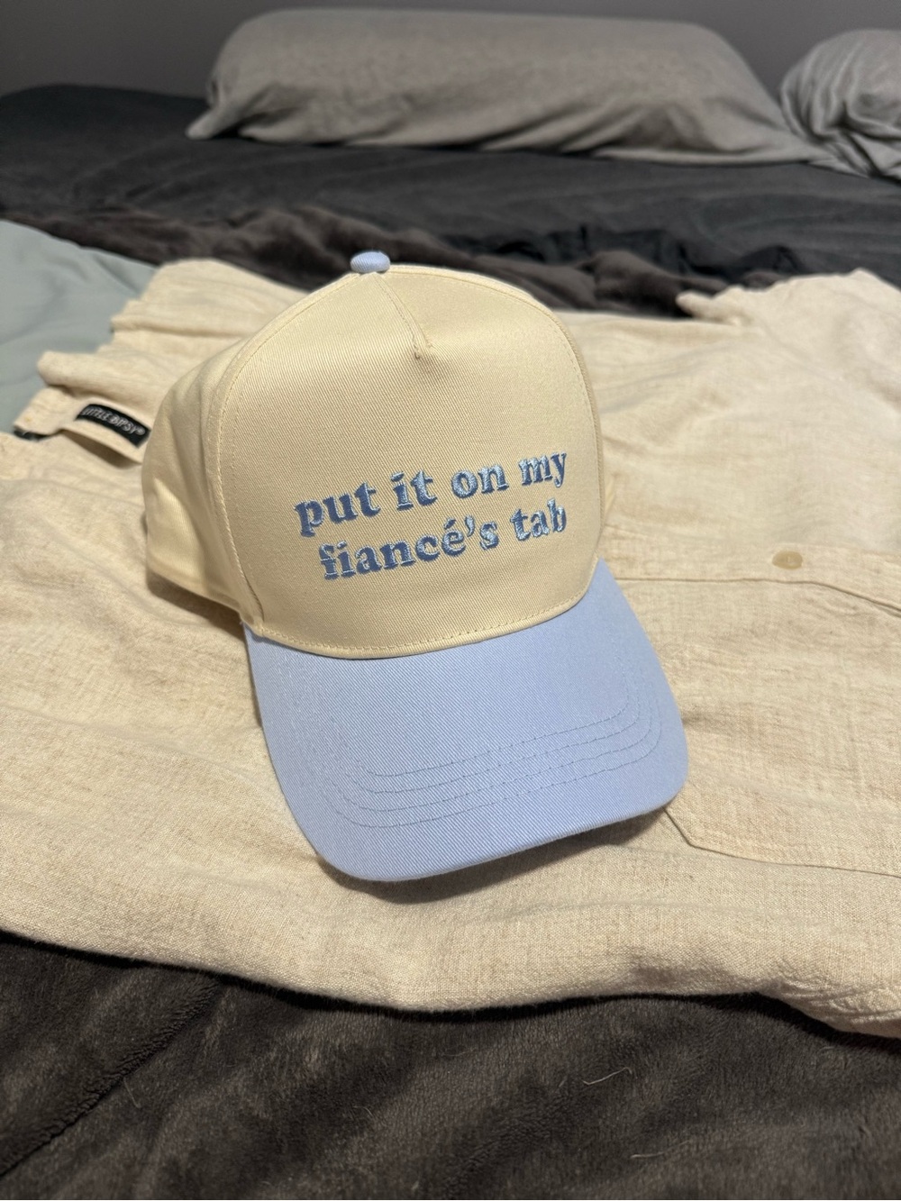 Cream & Light Blue Baseball Cap “put it on my fiance’s tab” - Picture 2 of 4